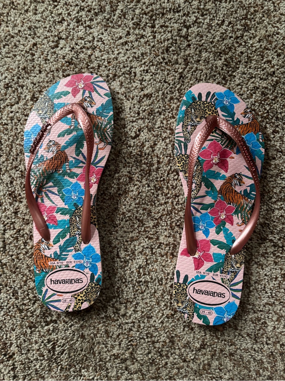 Havaianas Pink Floral & Tiger Print Flip Flops with Rose Gold Straps